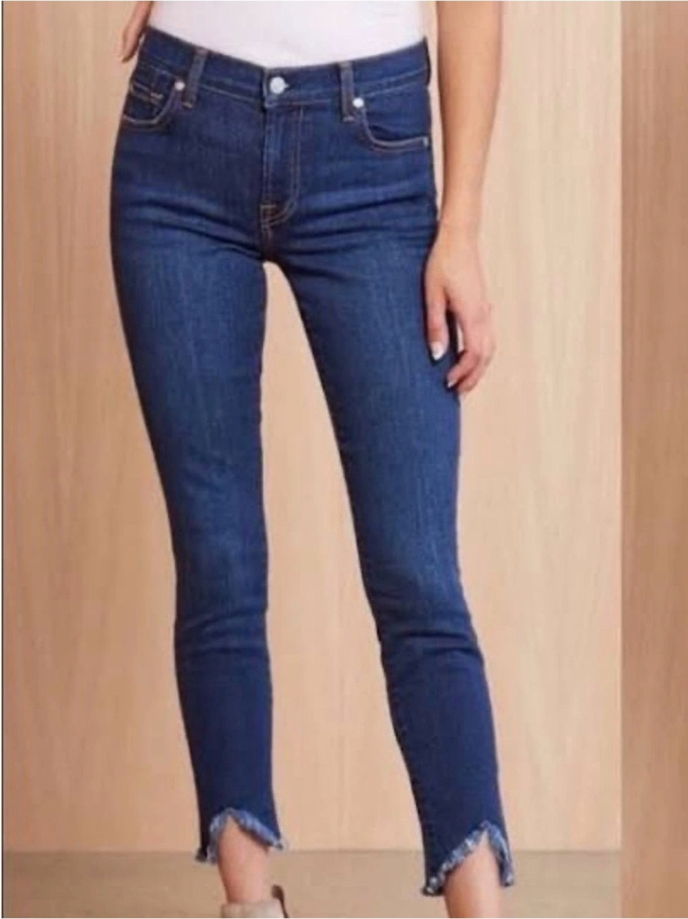 7 For All Mankind Dark Blue Ankle Skinny Jeans with Frayed V-Notch Hem